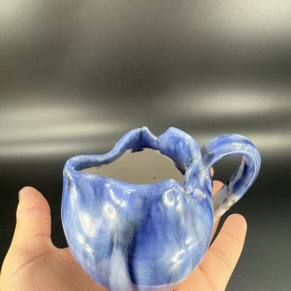 Italian Art Pottery Small Pitcher Creamer Drip Glaze Folded Edges Specked Inside - Picture 9 of 16